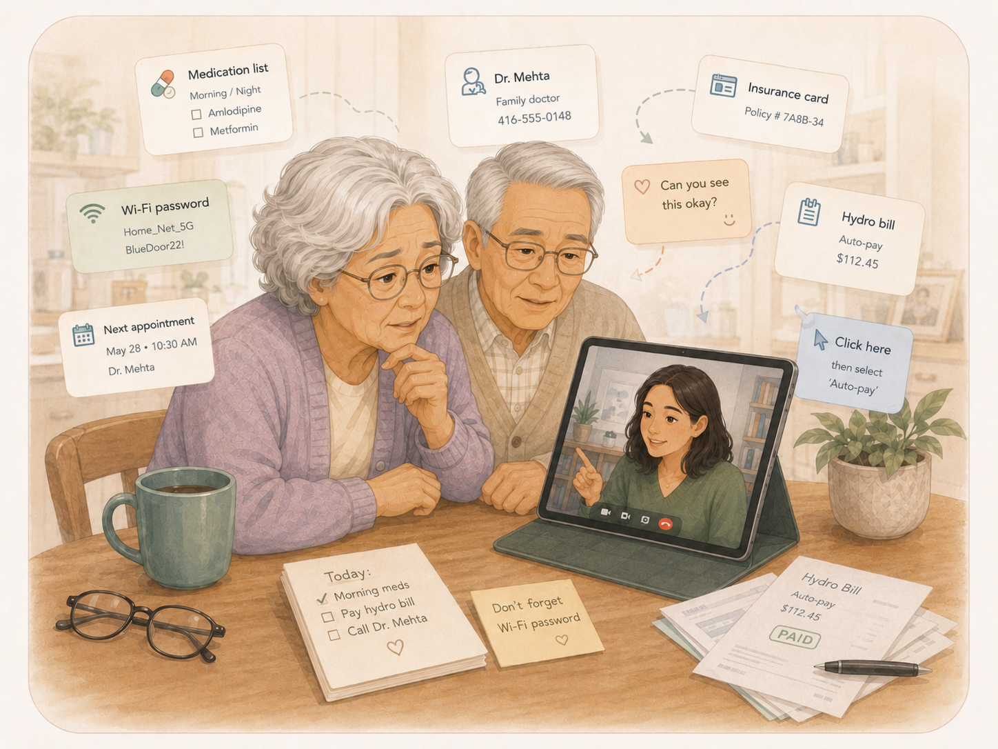 Elderly parent on a video call with their adult child visible on a tablet screen, relaxed and connected