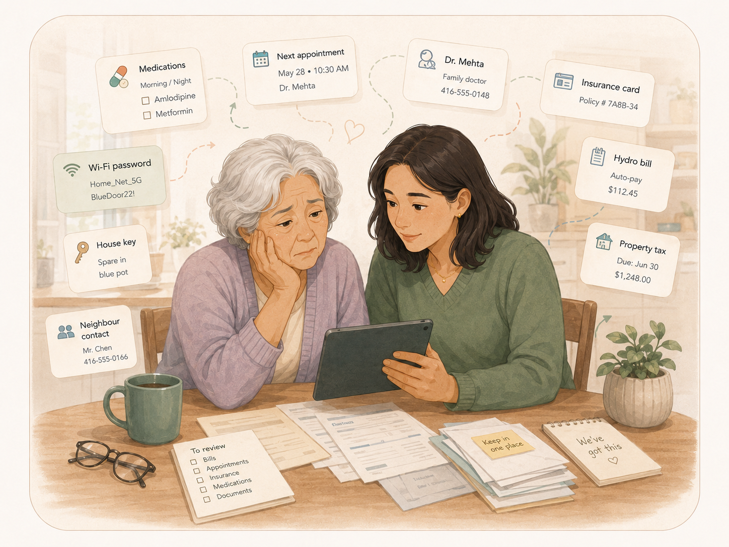 Adult child sitting with elderly parent at a kitchen table, warm and unhurried, looking at a tablet together