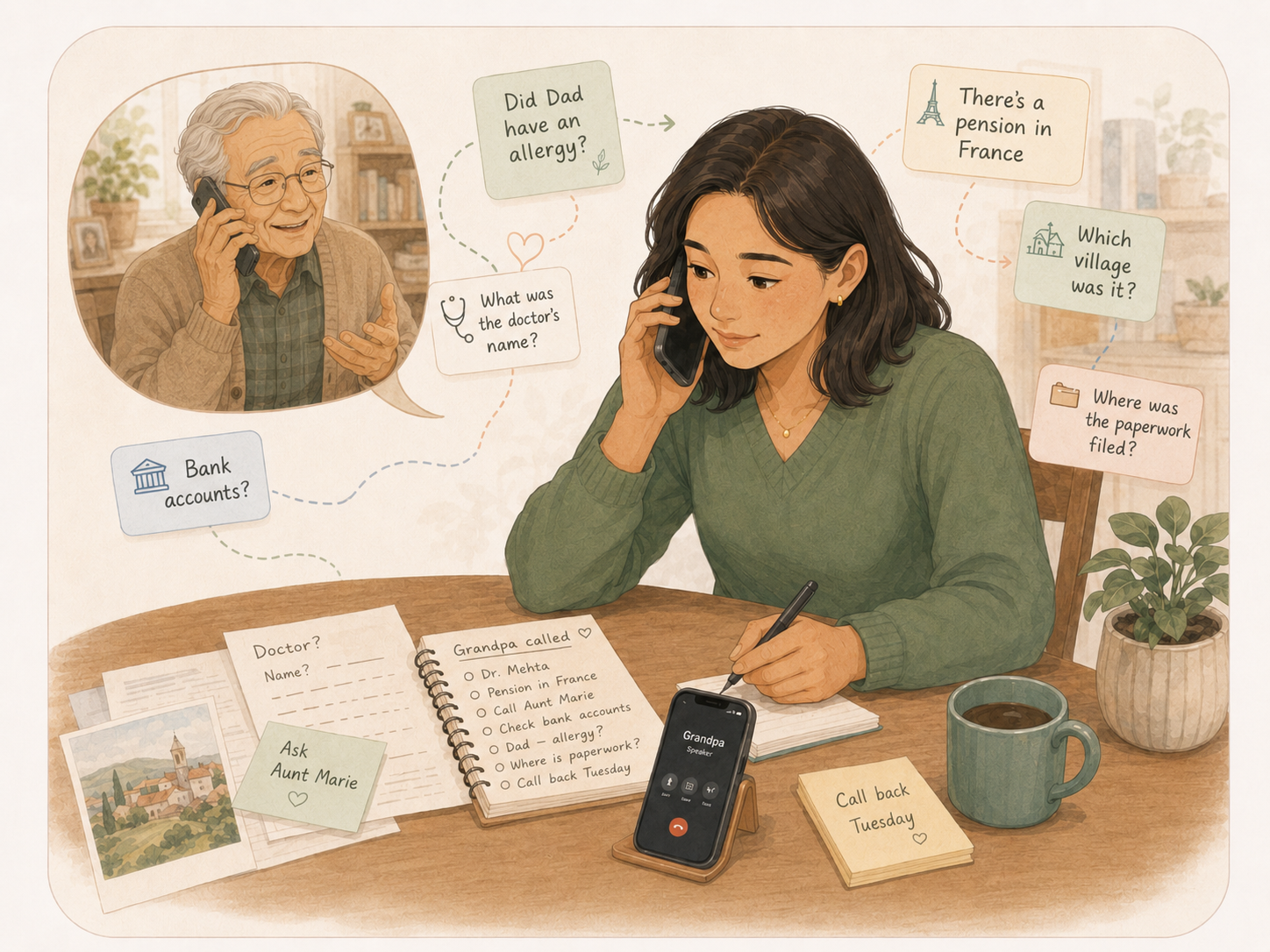 Adult child on the phone, calm and capable, with notes and context in front of them